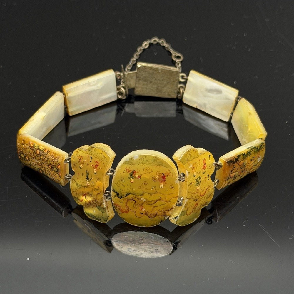 Antique Vintage Persian Painted Mother of Pearl Story Panel Bracelet Silver 6.75
